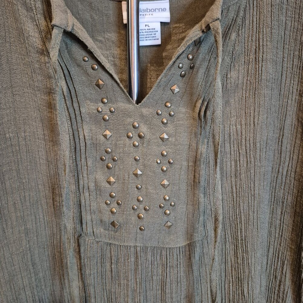 Liz Claiborne Olive Green Blouse with Lace-Up Detail - Picture 4 of 7